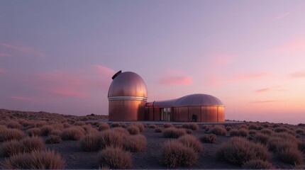 Obraz premium Modern Observatory Dome Buildings in Desert Landscape at Sunset