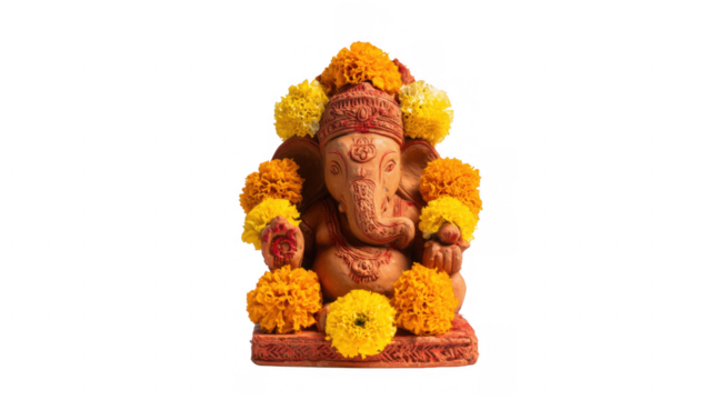 Vibrant floral decor for Ganesh idol, created with AI, PNG