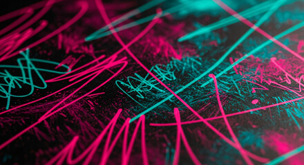 Abstract close-up of pink and teal scribbles and lines on a dark surface, creating a chaotic and vibrant pattern.