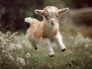 Obraz premium Playful Baby Goat Jumping in Meadow