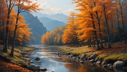 Oil painting of an autumn forest by a peaceful river, featuring vibrant orange leaves and rich brushstrokes that capture the seasonal beauty of nature in warm tones.

