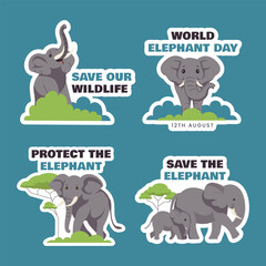 World Elephant Day Label Vector with Cartoon Elephant and Nature in Flat Style
