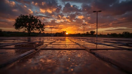 Dramatic sunset reflected on wet decorative pavement in an urban park, with silhouettes of trees and streetlights under a vibrant orange and purple sky filled with dynamic clouds.

