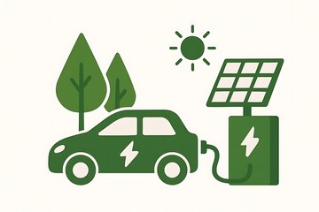 Eco friendly electric vehicle charging station with solar panel and trees vector illustration