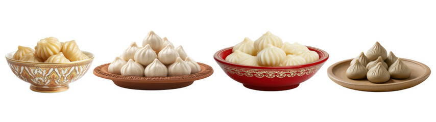 Sweet modaks in decorative bowls, created with AI, PNG
