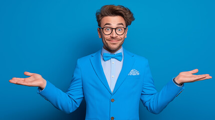  Playful man shrugging in blue suit on blue background | cheerful expression, humorous concept