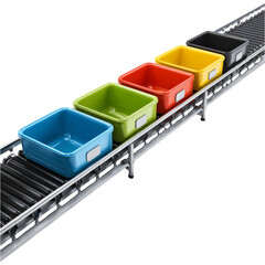 Colorful Plastic Bins on Conveyor Belt with Transparent Background
