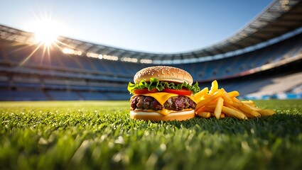 Delicious burger and fries at the stadium on a sunny day, Enjoying the flavors of summer with a classic meal in a sports setting