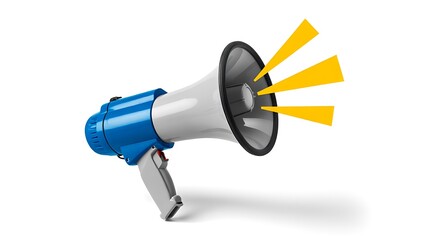 Blue and white megaphone with sound waves isolated on white background
