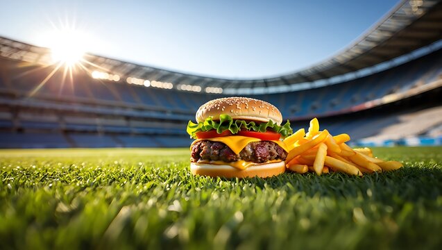Delicious burger and fries at the stadium on a sunny day, Enjoying the flavors of summer with a classic meal in a sports setting