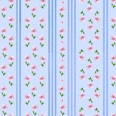 Pink flowers and green leaves arranged in vertical columns on a blue background, seamless watercolor pattern. Suitable for spring textiles, packaging, wrapping, and decorative use.