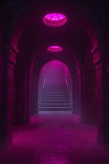 Fototapeta premium Mysterious ancient stone corridor bathed in surreal magenta and purple light, with arched architecture and stairway illuminated by an eerie glow creating a cinematic fantasy atmosphere.