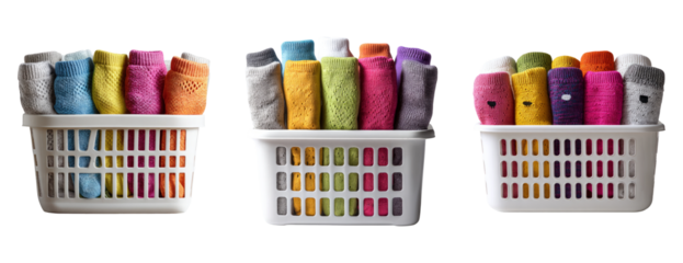 Colorful Socks in a Basket with a Transparent Background