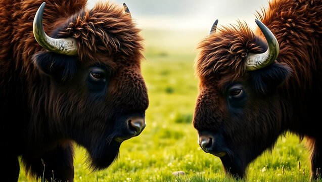 "Close-Up of Two Majestic Bison on a Lush Green Meadow"