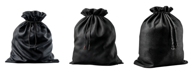 Three Black Fabric Bags on a Transparent Background for Design Use