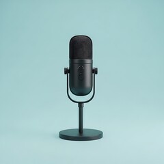 Sleek Black Studio Microphone on Light Blue Background, Minimalist Composition