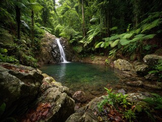 Obraz premium Tranquil waterfall cascading into a serene pool nestled within a lush, vibrant rainforest. Rocks and foliage surround the clear water