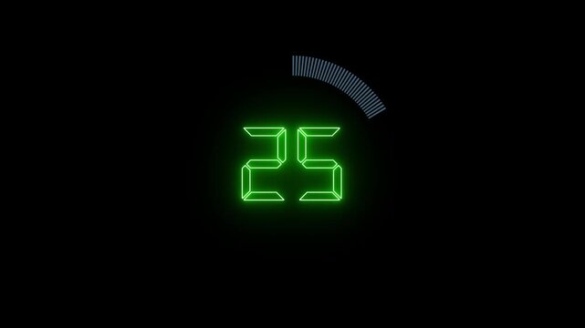 A neon 30-second countdown icon glows vividly, circular ring shrinking with each second, center digits flicker dynamically, and electric pulses radiate outward in a smooth animated loop.
