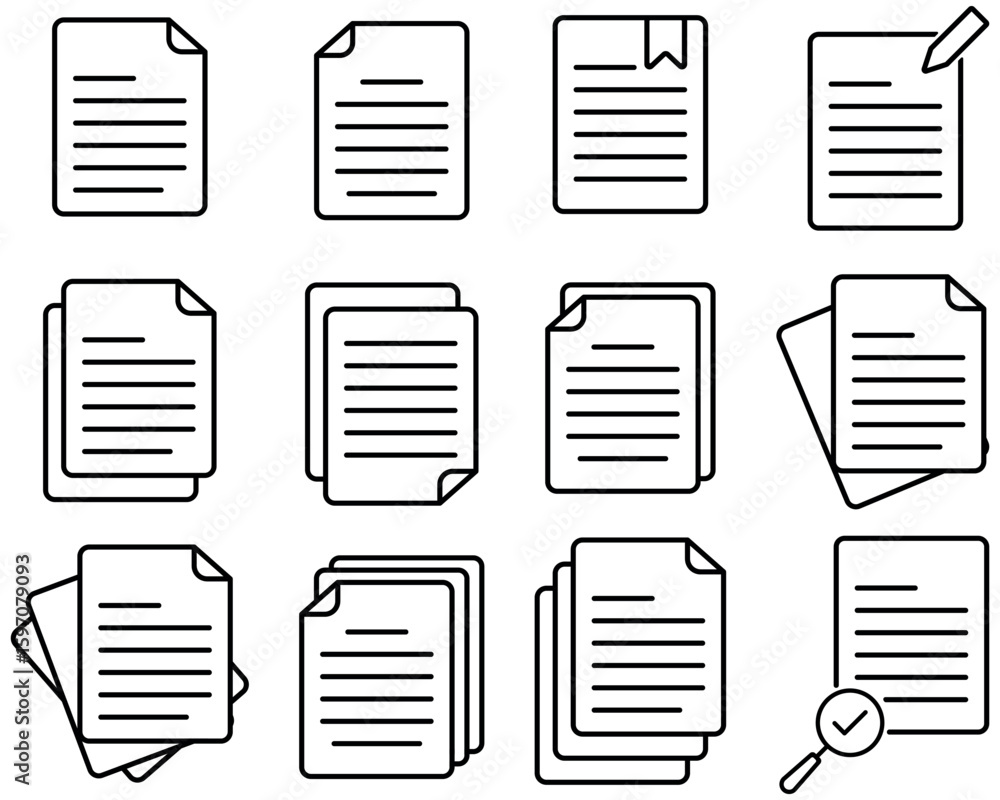 Fototapete linear document icon set with single and multiple page on white background. collection of paper symb