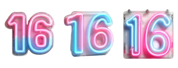 Colorful Neon Number 16 on Transparent Background for Decoration