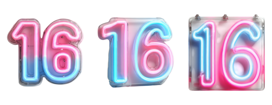 Colorful Neon Number 16 on Transparent Background for Decoration - Powered by Adobe