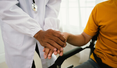 Fototapeta premium A male patient consults a doctor during a medical exam focused on prostate or testicular health, discussing symptoms, diagnosis, and treatment options with trust and professional care.
