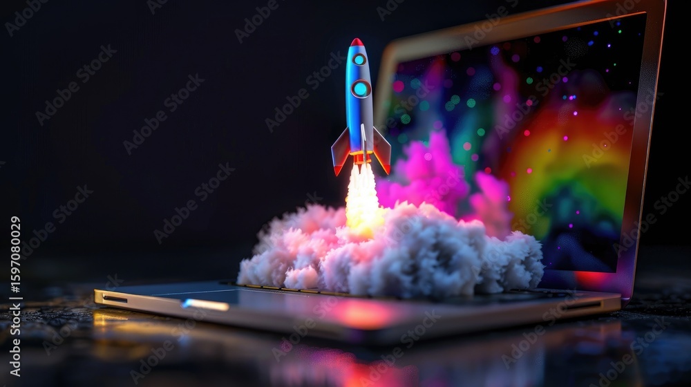 Poster a rocket takes off from a glowing laptop, symbolizing automation future powered by copilot chatbots 