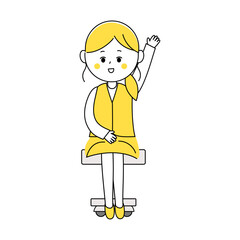 手を挙げて発言する制服姿の笑顔の女性