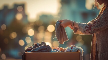 Young woman donating clothes to a charity box, sunny day, urban background, symbolic act of giving