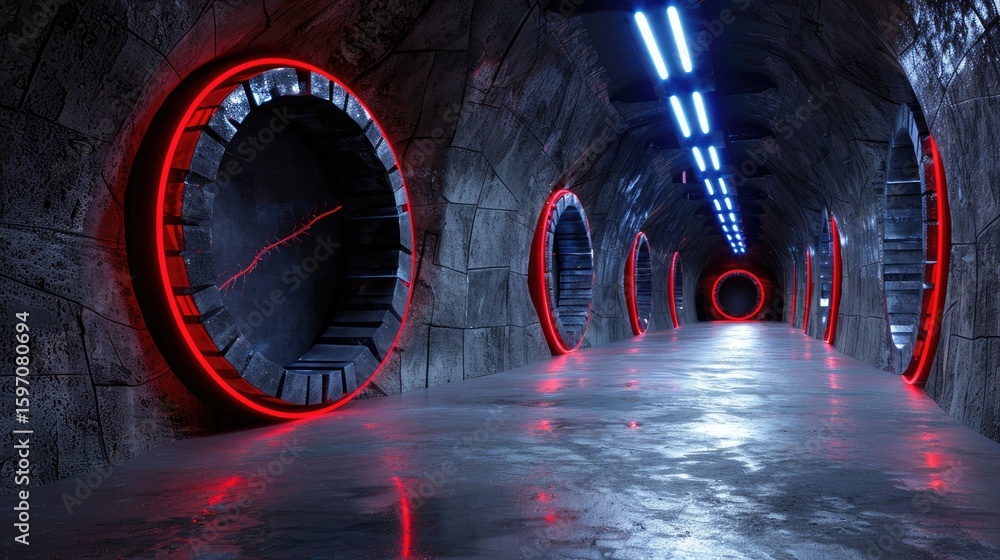 Poster immersive dark tunnel in 360-degree panoramic view, endless curves and glowing edges in a seamless 3