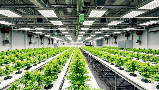 "High-Tech Indoor Cannabis Farm with Selective Growth Focus"