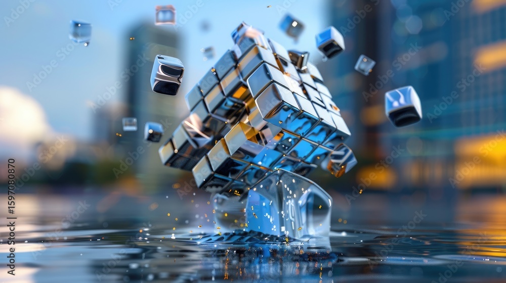 Aufkleber floating tech cubes assembling into geometric structure, representing digital innovation in 3d space