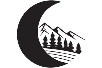 Minimalist Black and White Mountain Landscape with Pine Trees and Crescent Moon – Geometric Vector Art

