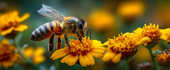 The bee pollinating vibrant yellow flowers in a lush garden setting.