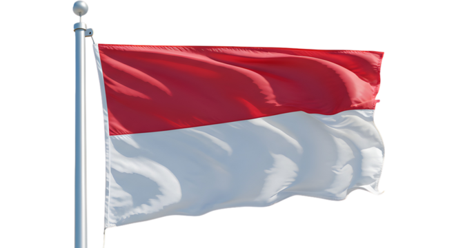 The Indonesian flag fluttering in the wind against a blue sky, symbolizing the nation's pride and freedom, isolated on transparent background - Powered by Adobe