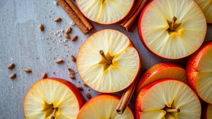 Fresh apples sliced in half reveal their juicy interior, perfect for farm to table pairing with cinnamon and seeds adding rustic touch