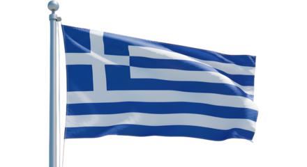 A Greek flag waving proudly against a bright sky, symbolizing the nation's identity and pride. The flag features blue and white stripes with a prominent white cross, isolated on transparent background