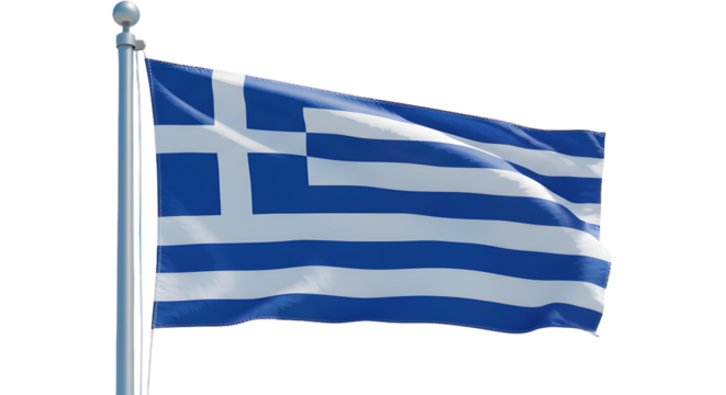 A Greek flag waving proudly against a bright sky, symbolizing the nation's identity and pride. The flag features blue and white stripes with a prominent white cross, isolated on transparent background