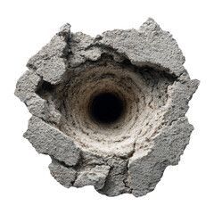 Detailed Close-Up of Circular Hole with Cracked Edges on Grey Surface