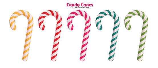 Candy cane clipart set. Colorful xmas candy canes drawing clip art collection with spiral pattern for seasonal festive decoration elements in white background vector illustration.
