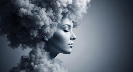 A womans profile emerges from a voluminous cloud of smoke, creating a surreal and artistic portrait