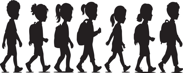 Silhouette of Children Walking with Backpacks Depicts Back to School and Childhood Friendships and Memories and Education and Youth