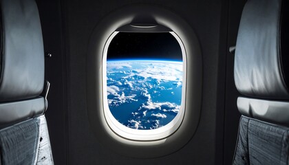 Airplane window view Earths atmosphere  stars from above with travel concept.