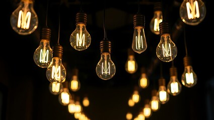 Glowing Elegance: Close-Up of Hanging Illuminated Light Bulbs