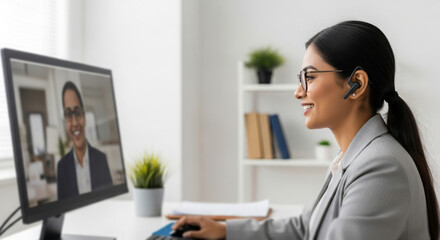 Woman in glasses having a video conference call in an office setting