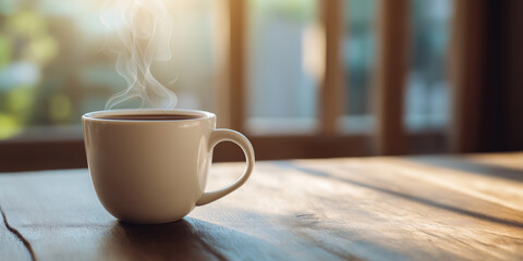  Hot steaming coffee cup on wooden table by window | cozy morning atmosphere