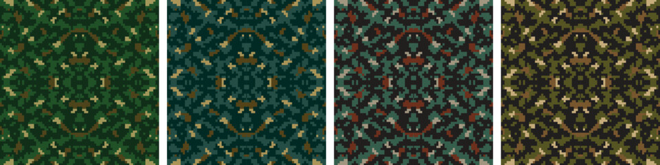 Seamless pixelated digital camouflage pattern vector set in four color schemes. Ideal for military design, textile, tactical gear, and background use.