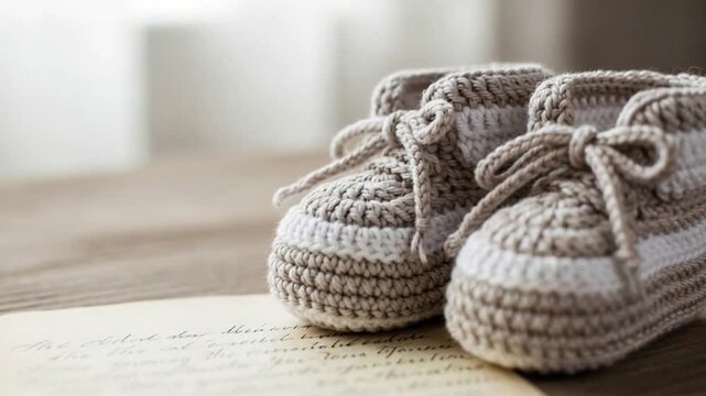 Crocheted Baby Booties with Faded Handwritten Note for Keepsake Memory