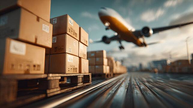 Delivery courier logistics ecommerce shipping. Cardboard box pallet airport airplane shipping logistics cargo delivery