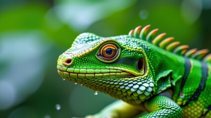 Obraz premium Vibrant green lizard with striking features rests amidst lush foliage, showcasing its unique colors and textures in rainforest setting